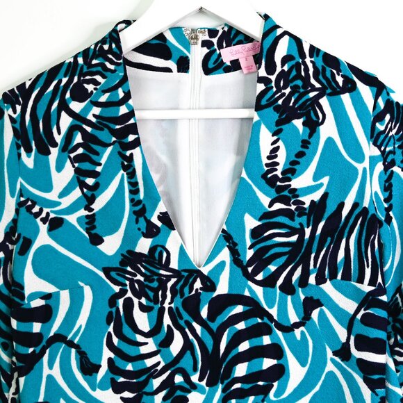 LILLY PULITZER Navy Teal White Zebra Print Long Sleeve Shift Dress - Size 2 - Picture 4 of 12